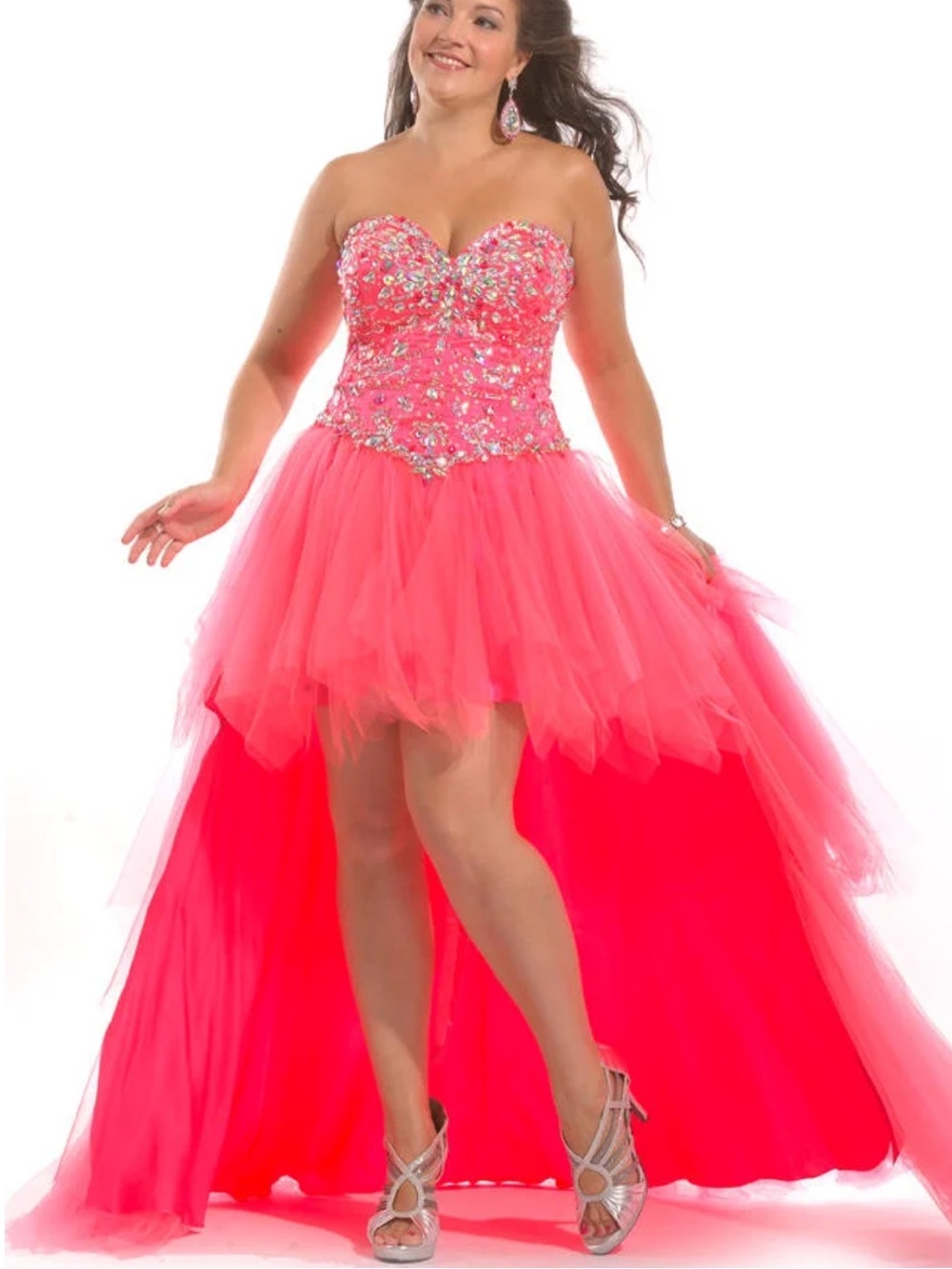 Party Time NeonPink High-Low Bejeweled Tulle Strapless LaceUp Formal Dress NWT 8